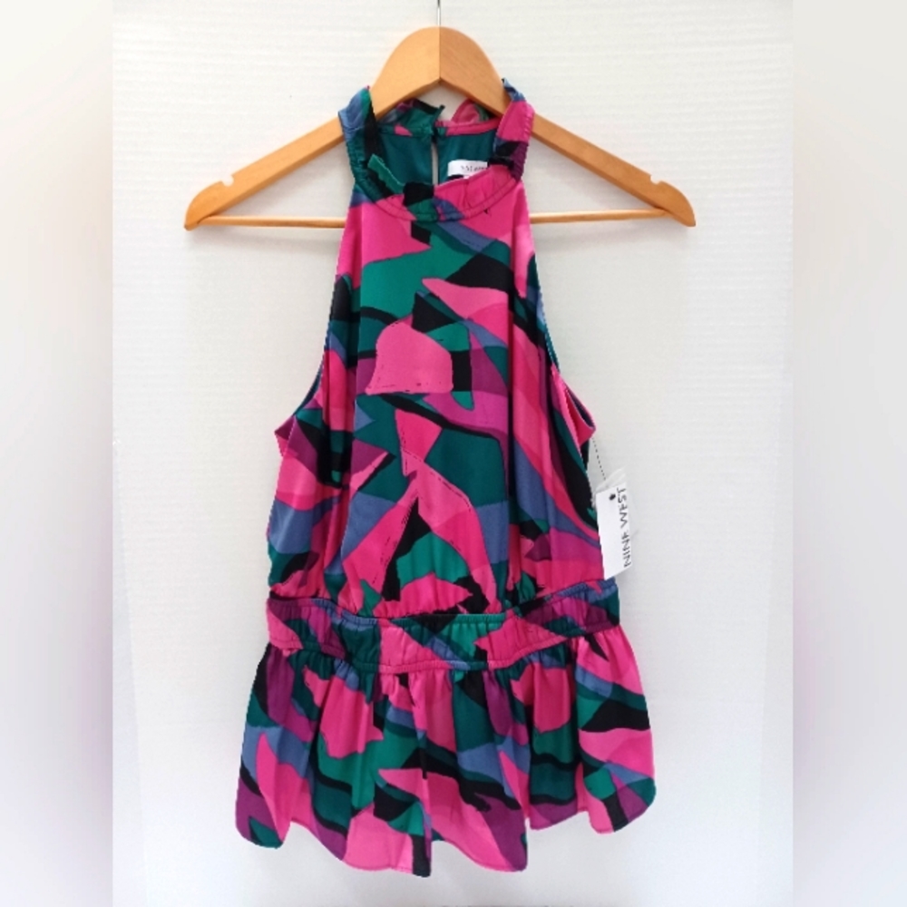 NINE WEST-PINK MULTI-RUFFLE HALTER NECK-Lined-Drop Waist Top‎ Medium NWT